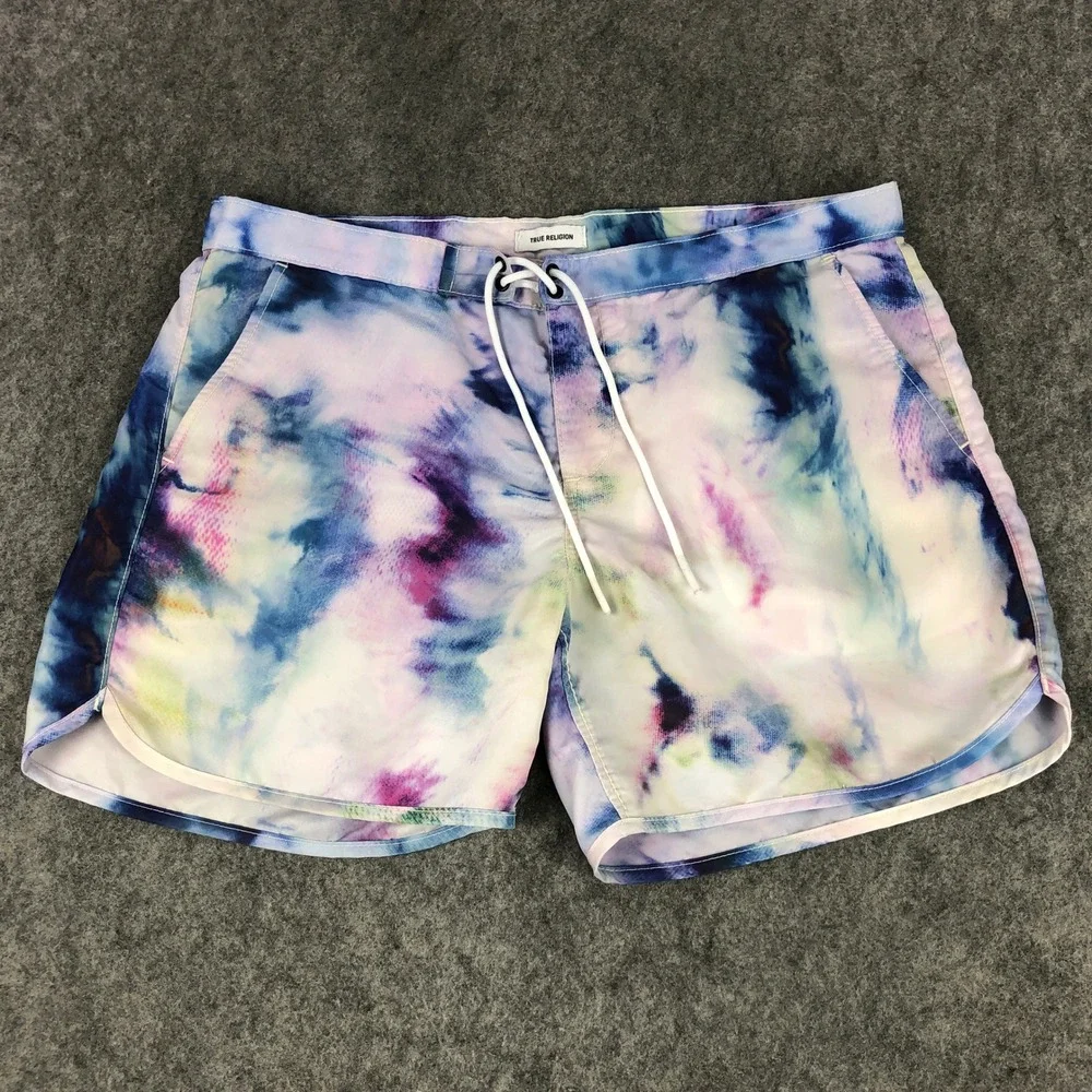 True Religion Board Shorts Mens 36 Tie Dye Swim Trunks Drawstring Zipper Beach